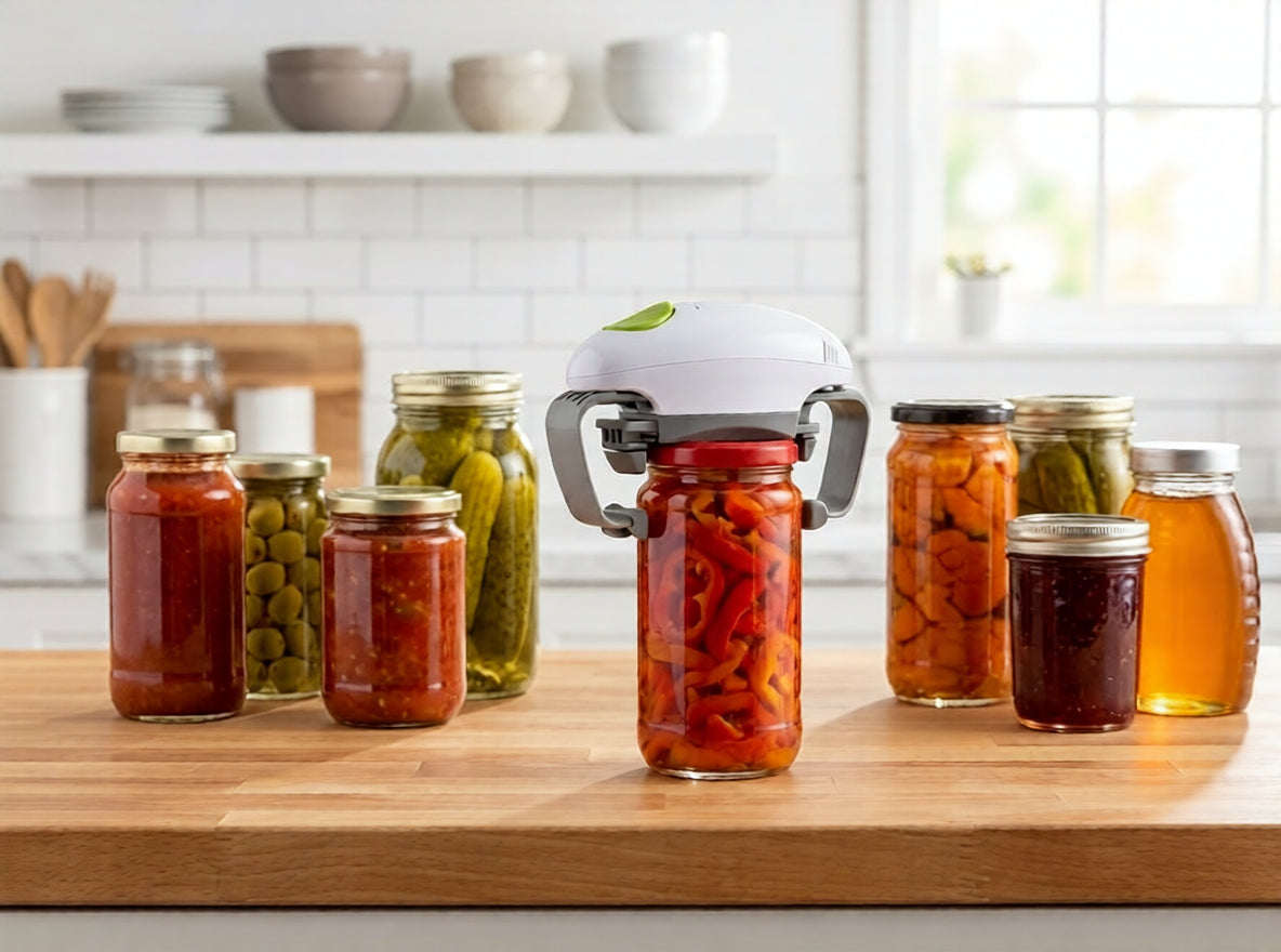 Canning jars with a canning tool on a kitchen counter